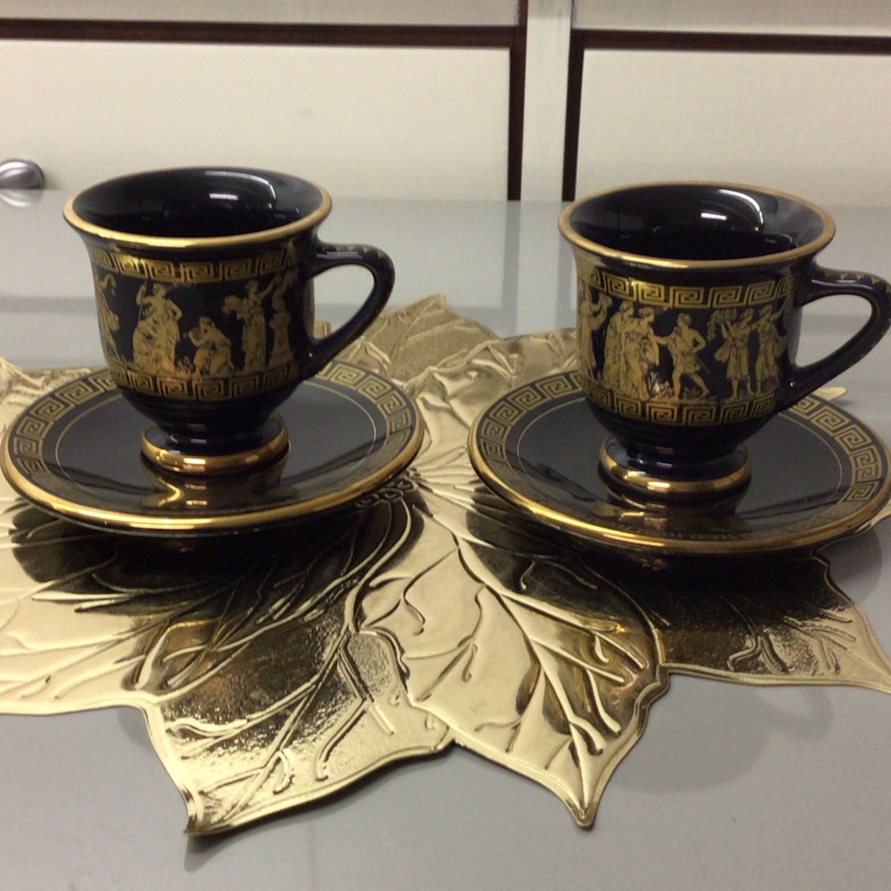 GREEK KEY COFFEE CUPS 24 KARAT GOLD MADE IN GREECE